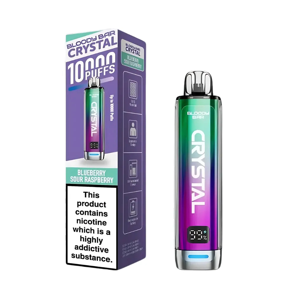 Vape device and packaging with 'Crystal' branding on a white background