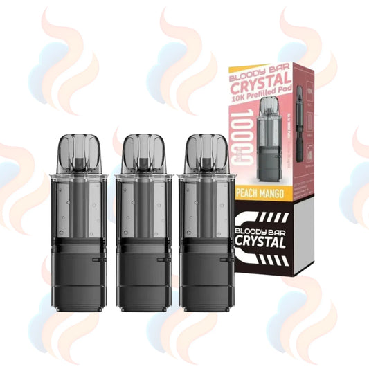 Three Bloody Bar Crystal 10k refill pods with packaging on a white background