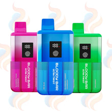 Three colourful Bloody Bar Pod Twist 20k vape devices with digital displays on a white background