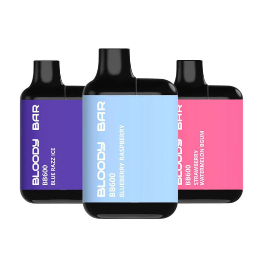 Three Bloody Bar vape device pods with different flavors on a white background