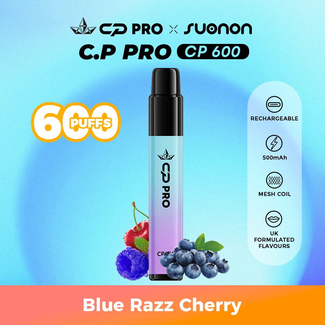 Suonon x CP Pro CP600 vape device with blue razz cherry flavour on a colourful gradient background