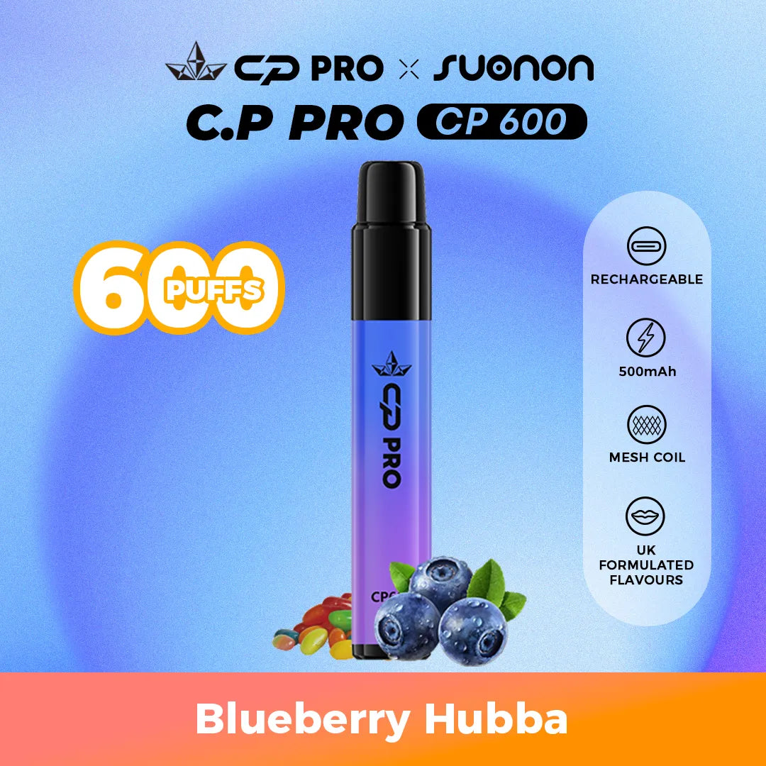 Suonon x CP Pro CP600 vape device with blueberry hubba flavour on a colourful gradient background