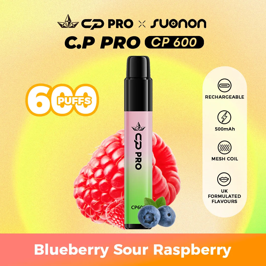 Suonon x CP Pro CP600 vape device with blueberry sour raspberry flavour on a colourful gradient background