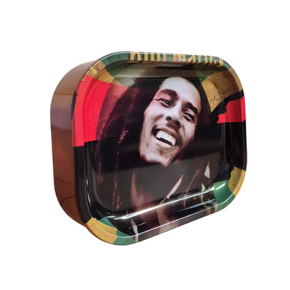 Reggae-themed metal box with colourful design on a white background