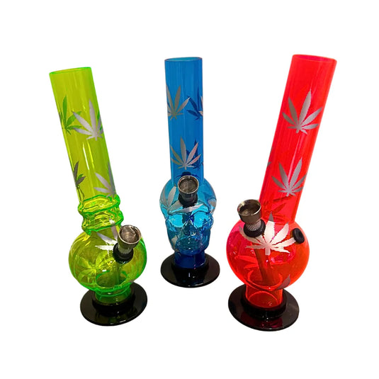three colourful 20cm acrylic waterpipes on a white background
