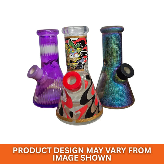 Three colourful glass smoking Chongz bongs on a white background