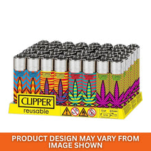 Pack of 40 Clipper lighters with colourful designs on a white background