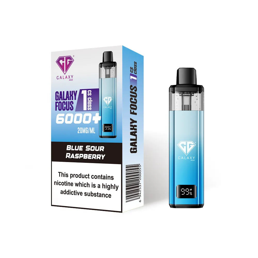 Crystal Galaxy Focus 1 6000 vape kit in the flavour blue sour raspberry with packaging on a white background