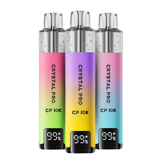 Three Crystal Pro CP 10K vape devices in different colours on a white background