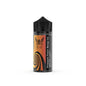 Vape juice bottle with black cap and orange label on a white background