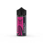 Vape juice bottle with pink label and black cap on a white background
