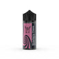 Vape juice bottle with pink label and black cap on a white background