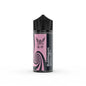 Vape juice bottle with pink label and black cap on a white background