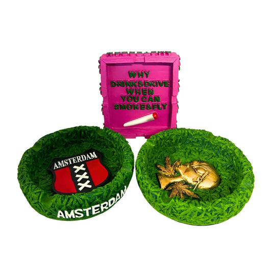 three ceramic ashtrays in various colours and designs on a white background