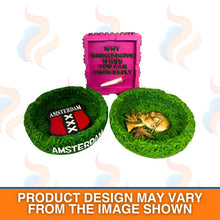 Two green Amsterdam-themed ashtrays with a pink ashtray above them on a white background.