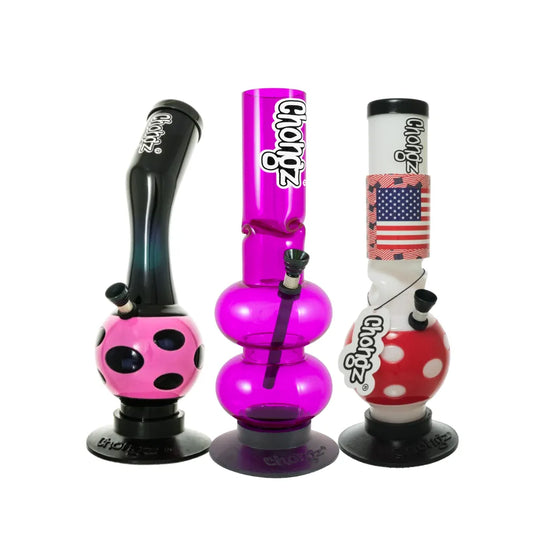 Three colourful Chongz waterpipes on a white background