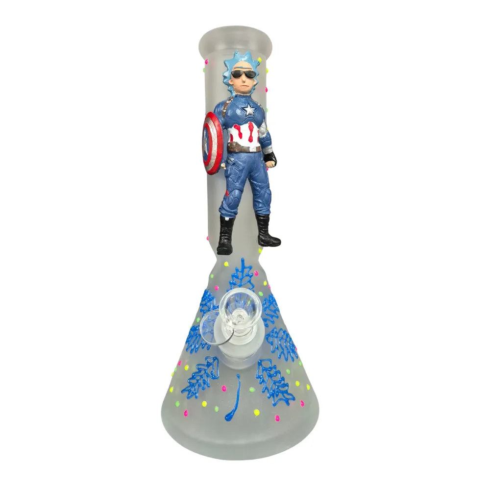 Figure of a superhero character on top of a grey glass waterpipe with colourful designs.