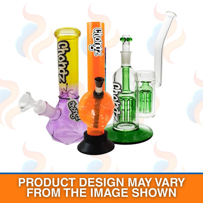 Colourful glass smoking accessories with 'Chongz' branding on a white background.