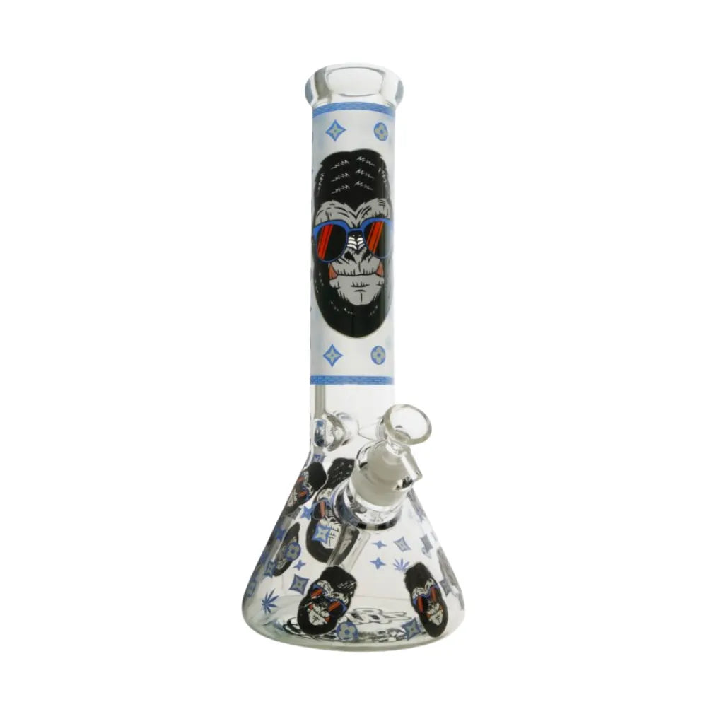 Colourful 30cm Chongz "Monkee Man" glass waterpipe on a white background.