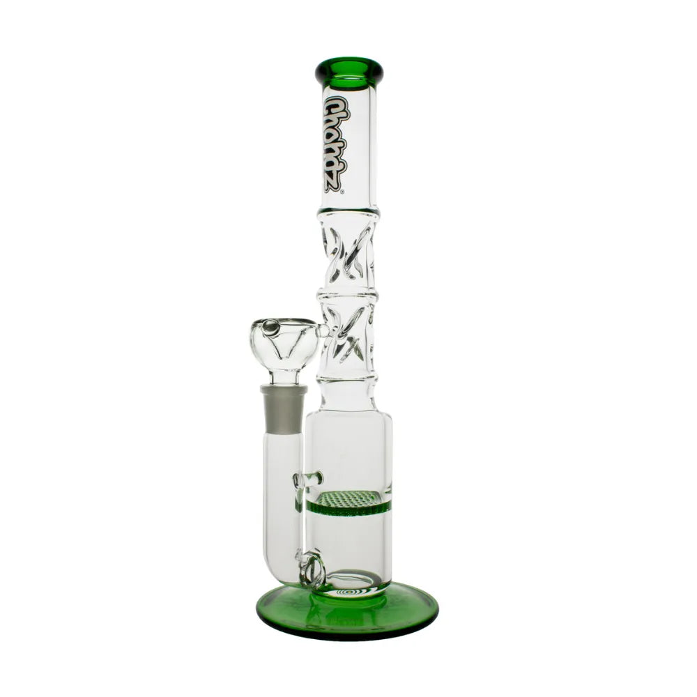Clear 30cm Chongz "Hairway To Steven" glass waterpipe with green accents on a white background.