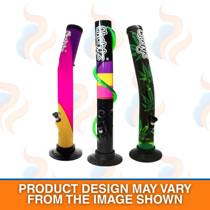 Three colourful smoking devices with brand names on a white background.