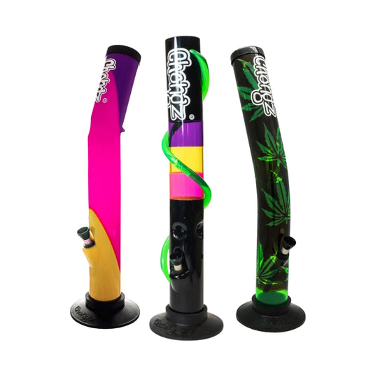 Three colourful Chongz 40cm waterpipes on a white background
