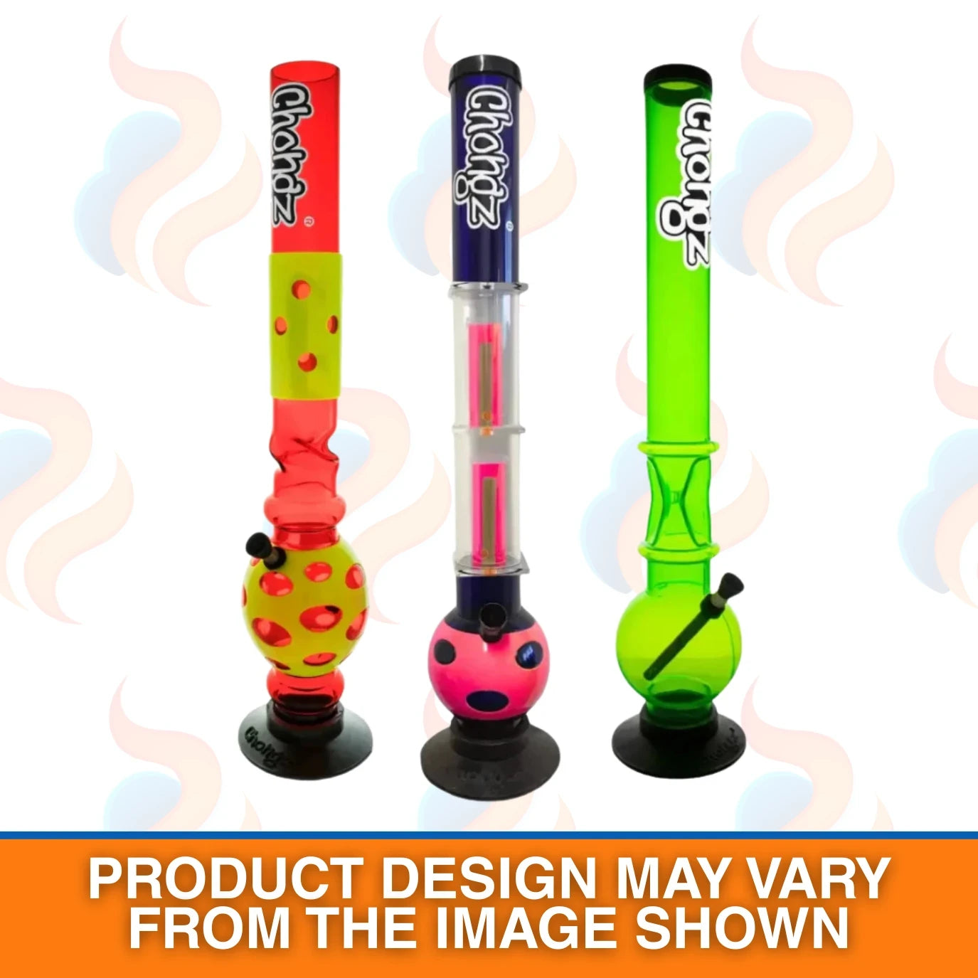 Three colourful smoking devices with 'Chongz' branding on a white background.