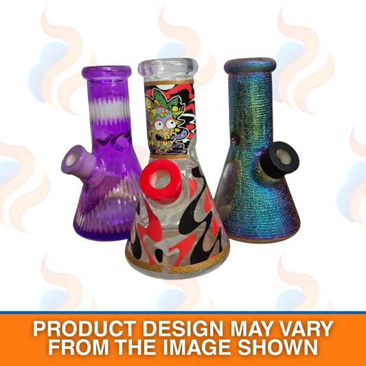 Three colourful glass smoking accessories on a white background with smoke effects.