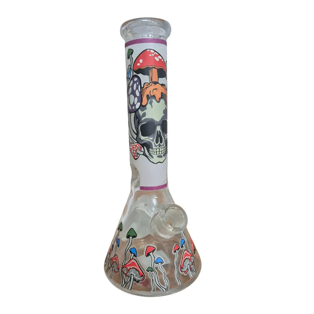Glass smoking device with colorful designs on a white background