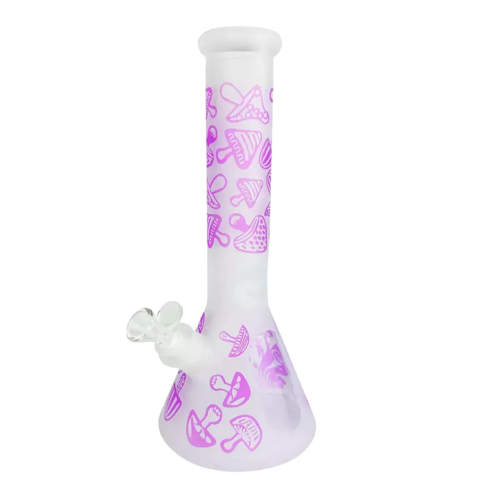 White glass bong with pink mushroom pattern on a white background
