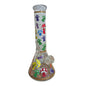 Glass smoking device with colorful mushroom designs on a white background