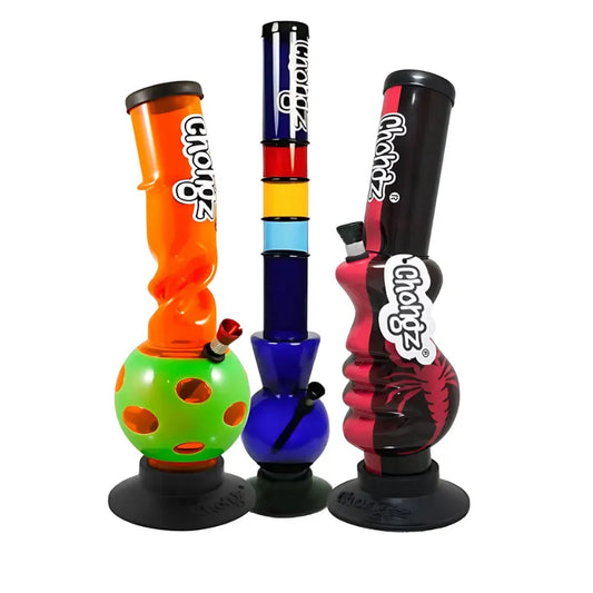Three colourful waterpipes with 'Chongz' branding on a white background