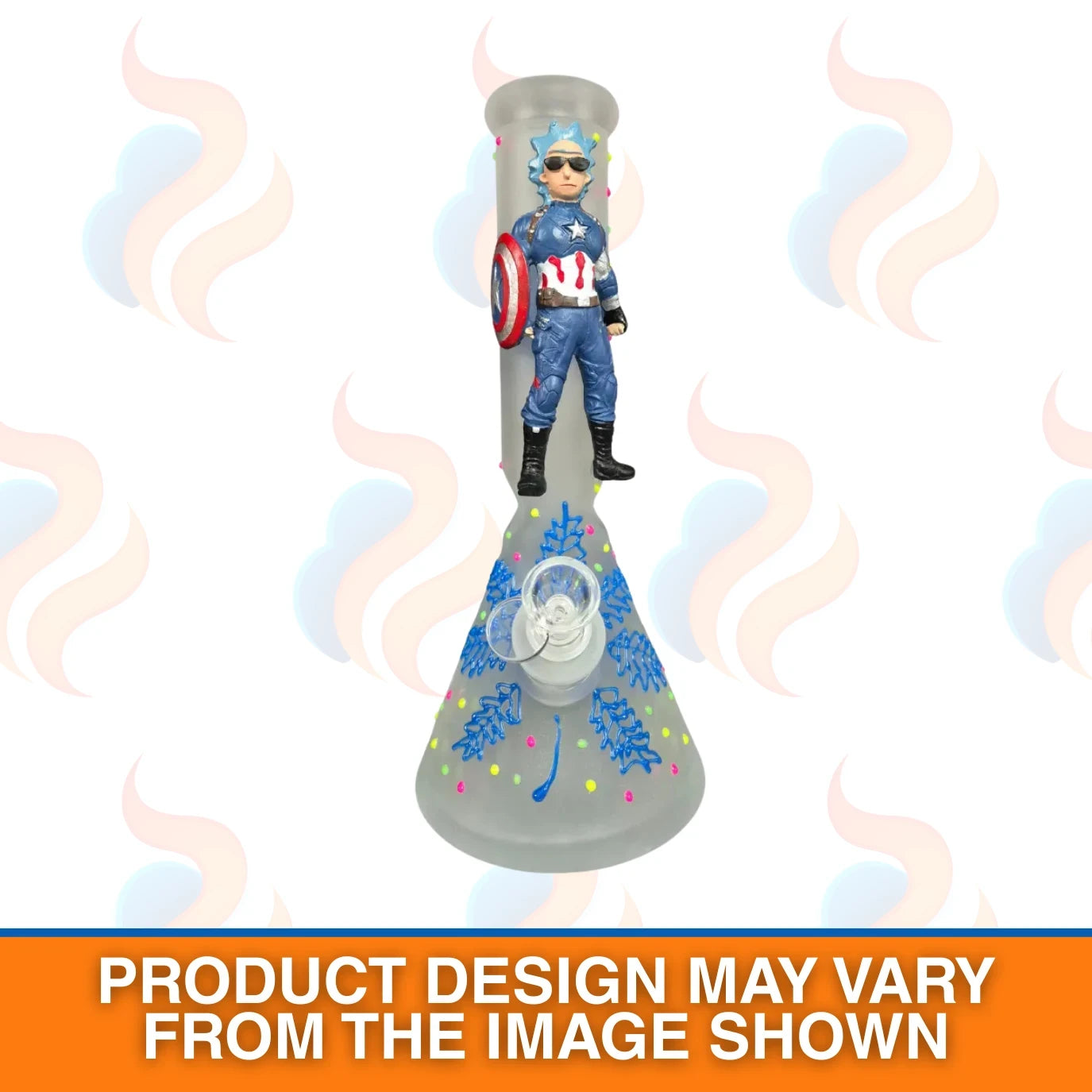 Toy figure in superhero costume on a decorative stand with swirling designs and text indicating product design may vary.