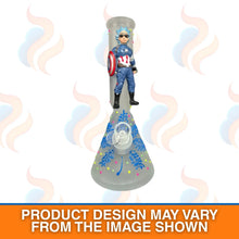 Toy figure in superhero costume on a decorative stand with swirling designs and text indicating product design may vary.