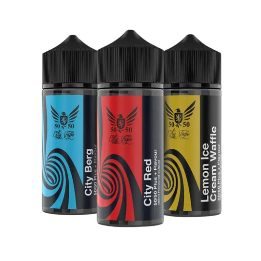 Three vape juice bottles with different flavors on a white background