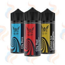 Three bottles of City Vape e-liquid with colourful labels on a white background
