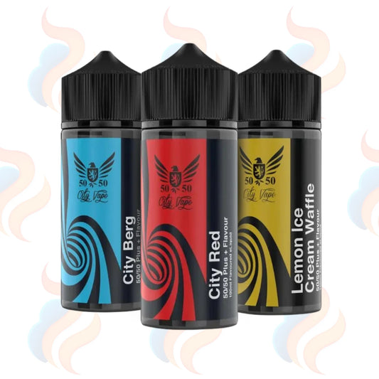 Three bottles of City Vape e-liquid with colourful labels on a white background