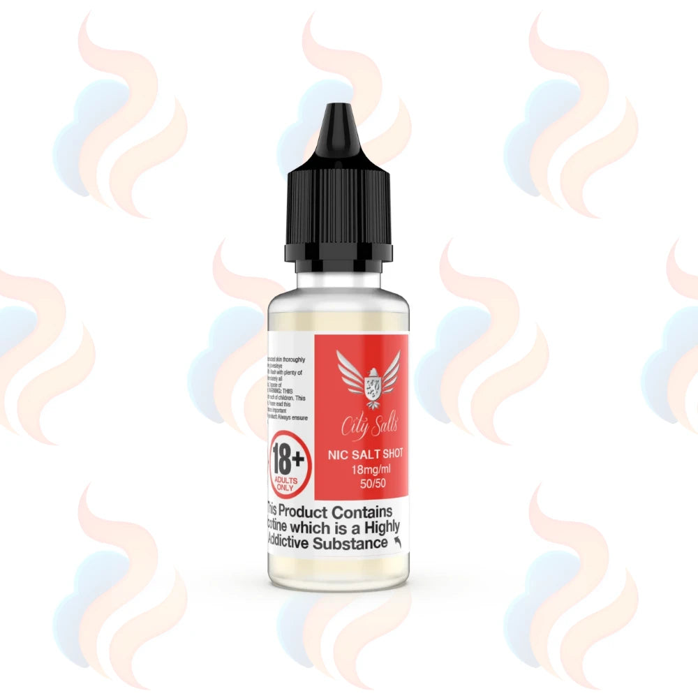 Vape juice bottle with a red label on a white background