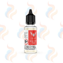 Vape juice bottle with a red label on a white background