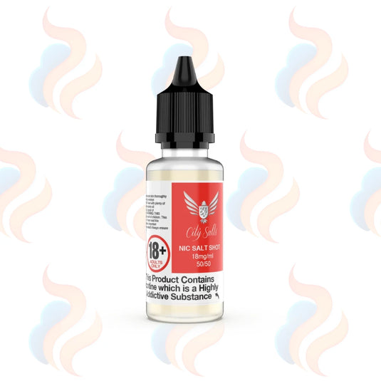 Vape juice bottle with a red label on a white background
