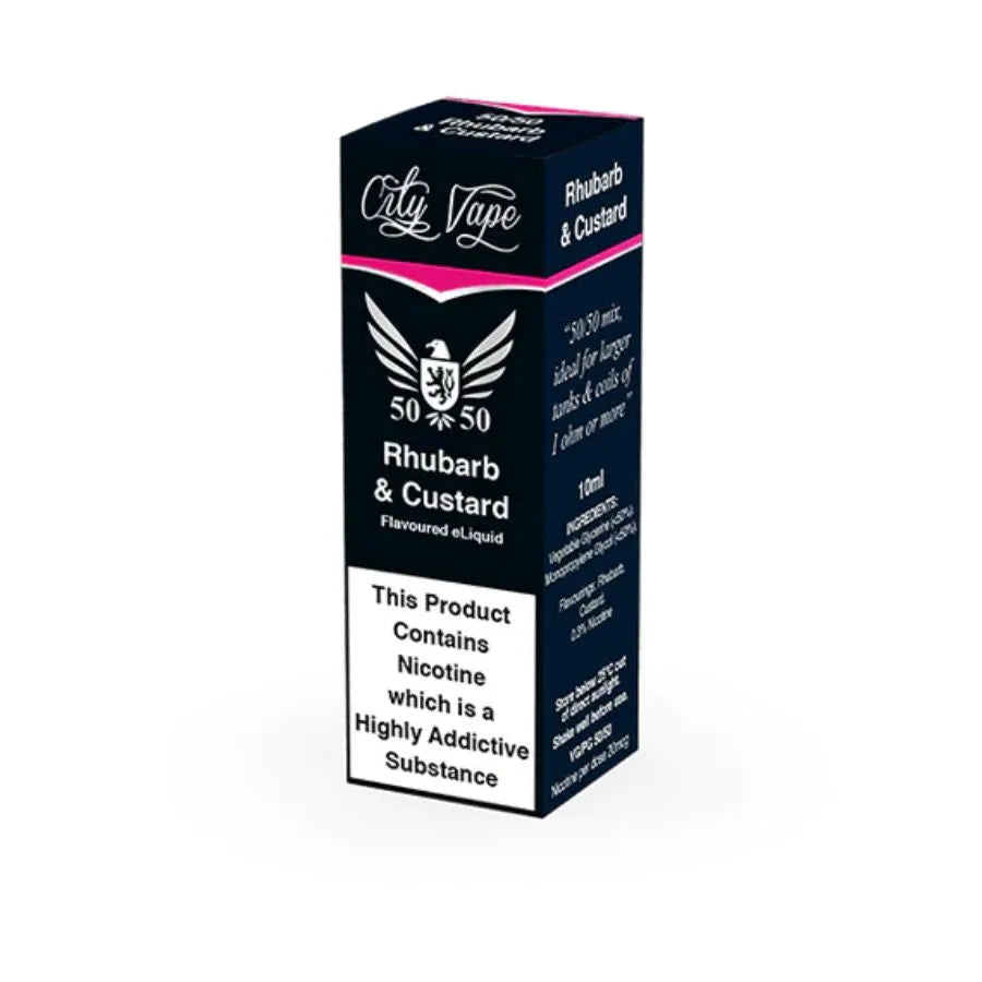 E-liquid packaging for 'Rhubarb & Custard' flavor with 'City Vape' branding on a white background.