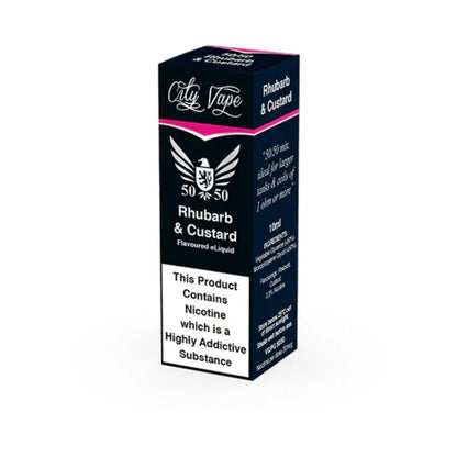 E-liquid packaging for 'Rhubarb & Custard' flavor with 'City Vape' branding on a white background.
