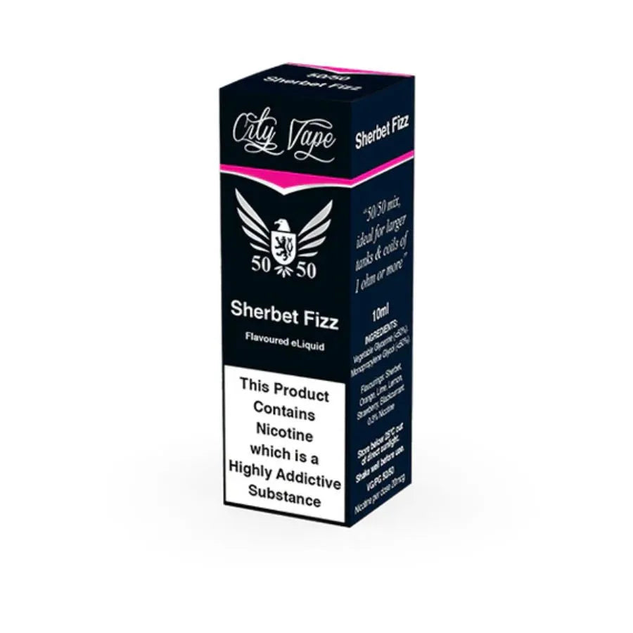 E-liquid packaging with 'City Vape' sherbet fizz branding on a white background