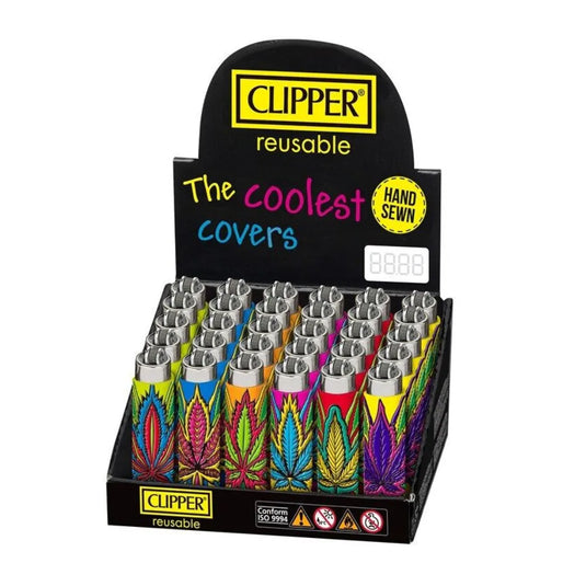 Display of 30 Clipper "The Coolest Covers" colourful hand sewn lighters in open packaging on a white background