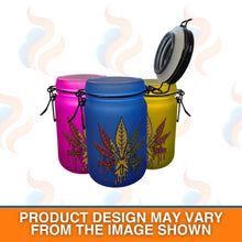 Three colourful jars with cannabis leaf designs on a white background.