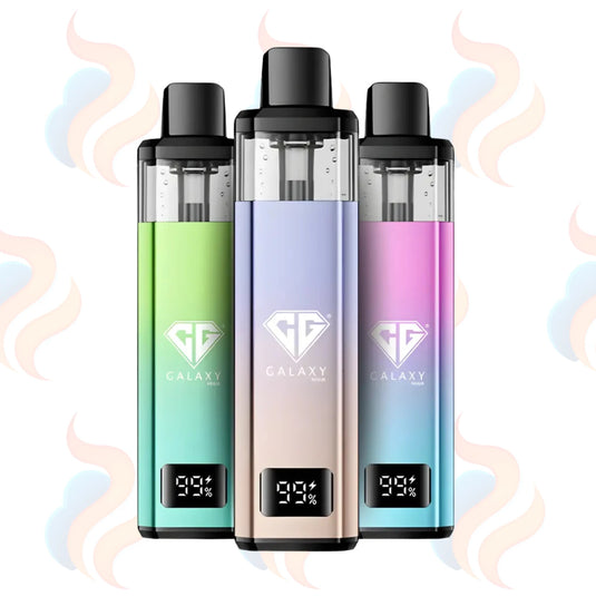 Three colourful Crystal Galaxy vape kits on a white background