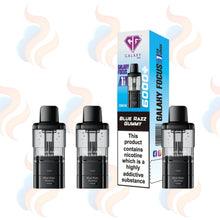 Three Crystal Galaxy Focus vape refill pods with packaging on a white background.