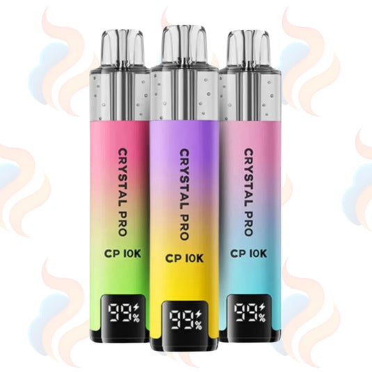Three Crystal Pro CP 10K vape devices in different colours on a white background
