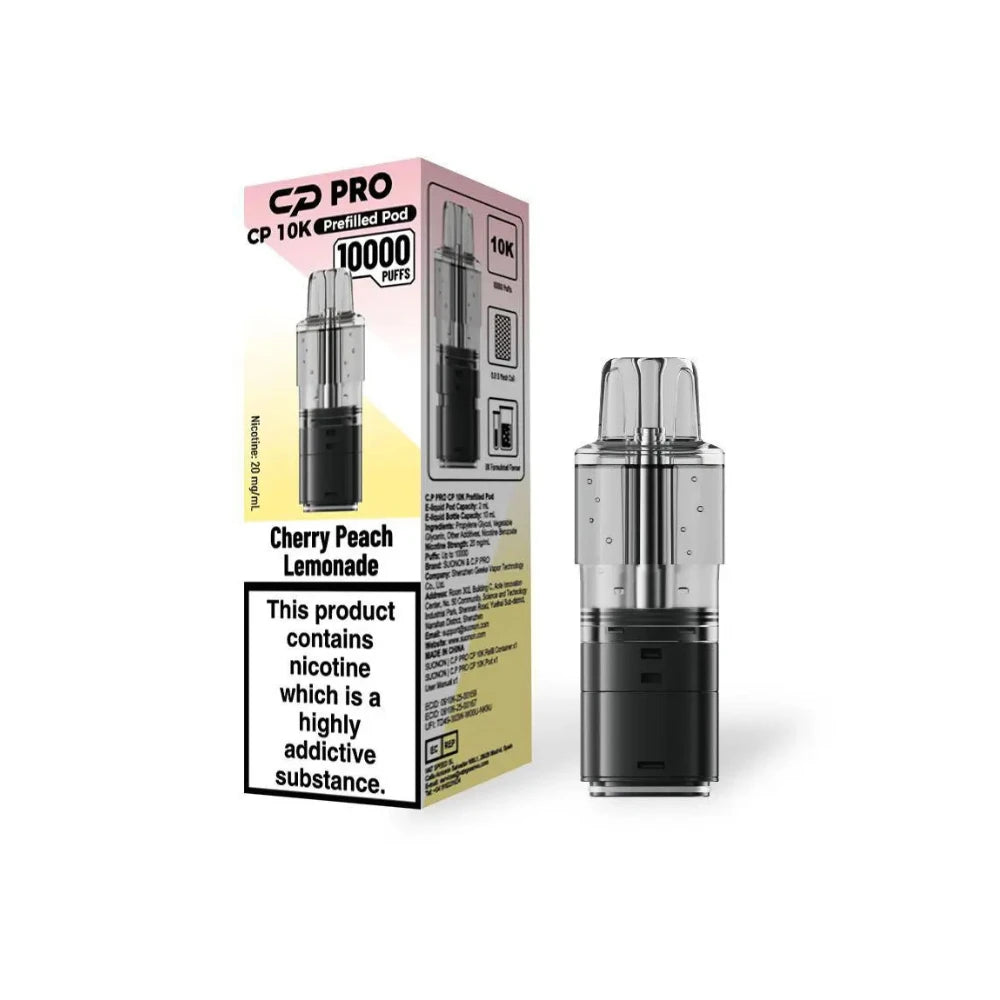 Crystal Pro CP10K "Cherry Peach Lemonade" flavour refill pod with packaging on a white background.