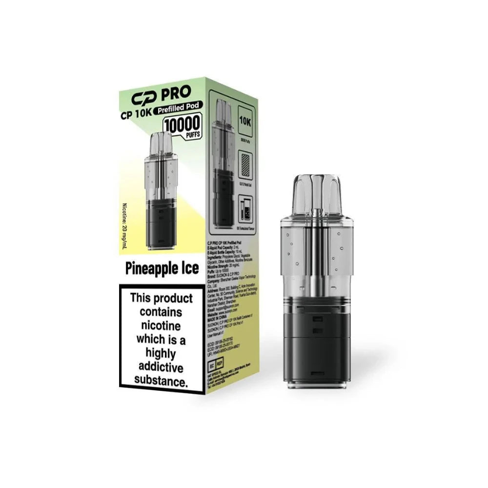 Crystal Pro CP10K "Pineapple Ice" flavour refill pod with packaging on a white background.